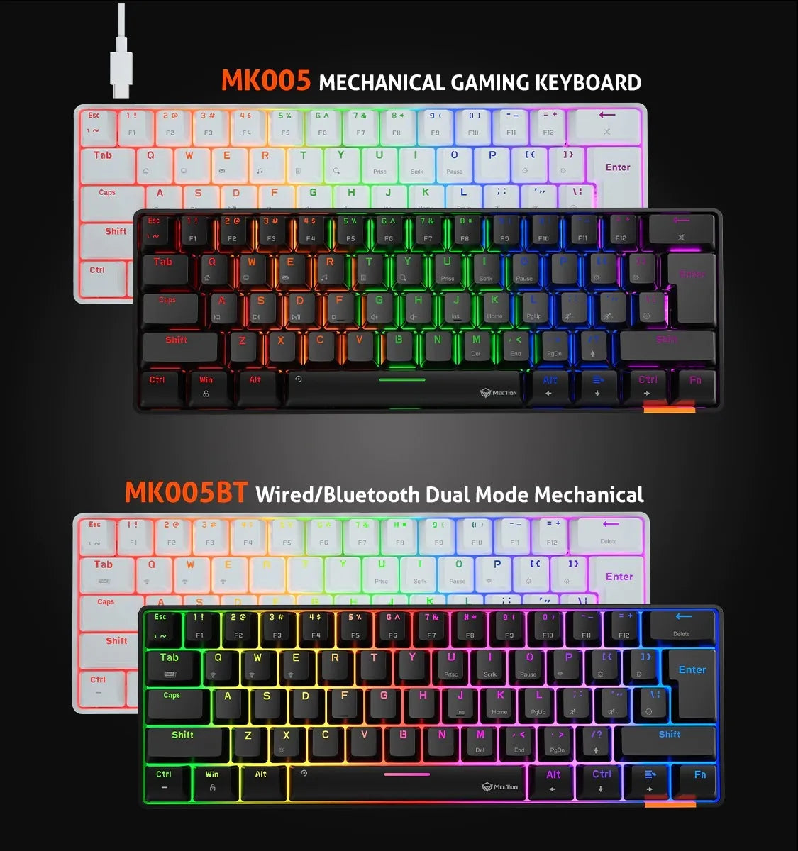 Meetion MT-MK005BT Hestia 60% Mechanical Gaming Keyboard, Wired/Bluetooth, RGB