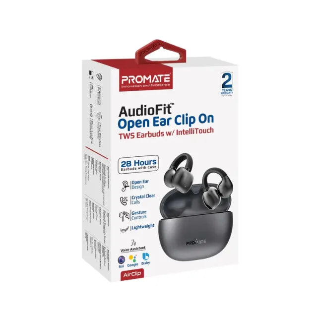 Promate AirClip TWS Earbuds Black AudioFit Open Ear TWS Earbuds IntelliTouch