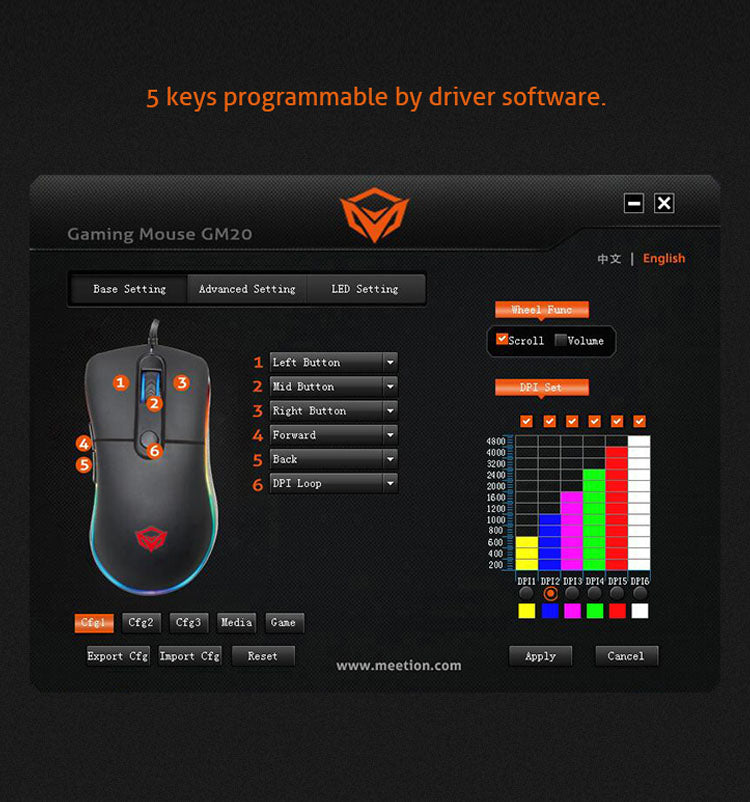 MeeTion MT-GM20 USB Wired RGB Gaming Mouse, Resolution 4800DPI, Keys: 6+1