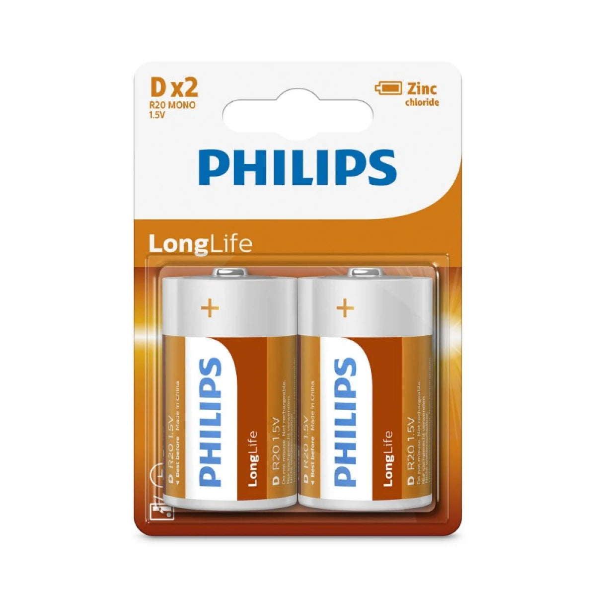 Philips LongLife Zinc Batteries D - Pack of 2 Zinc long life