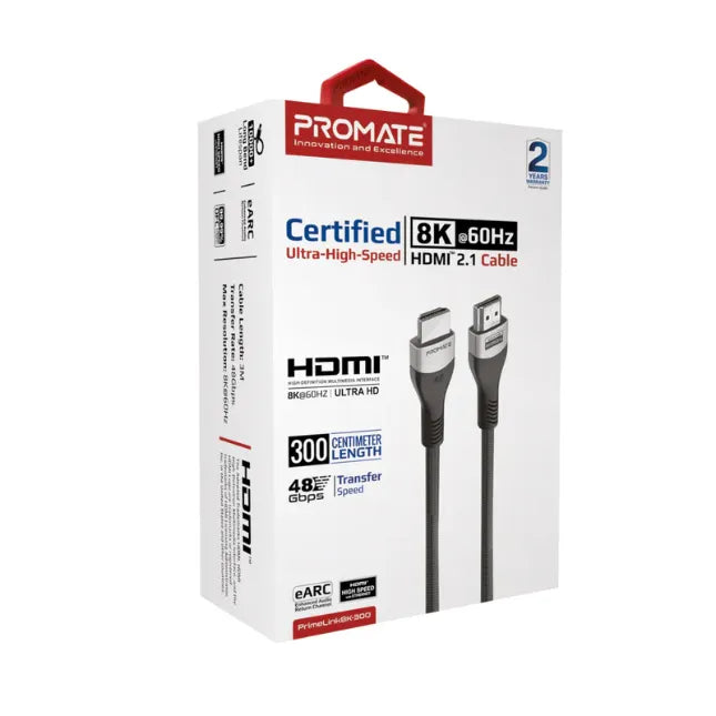 Promate PrimeLink8K-300, HDMI Cable Cable Length 3M Transfer Rate 48Gbps