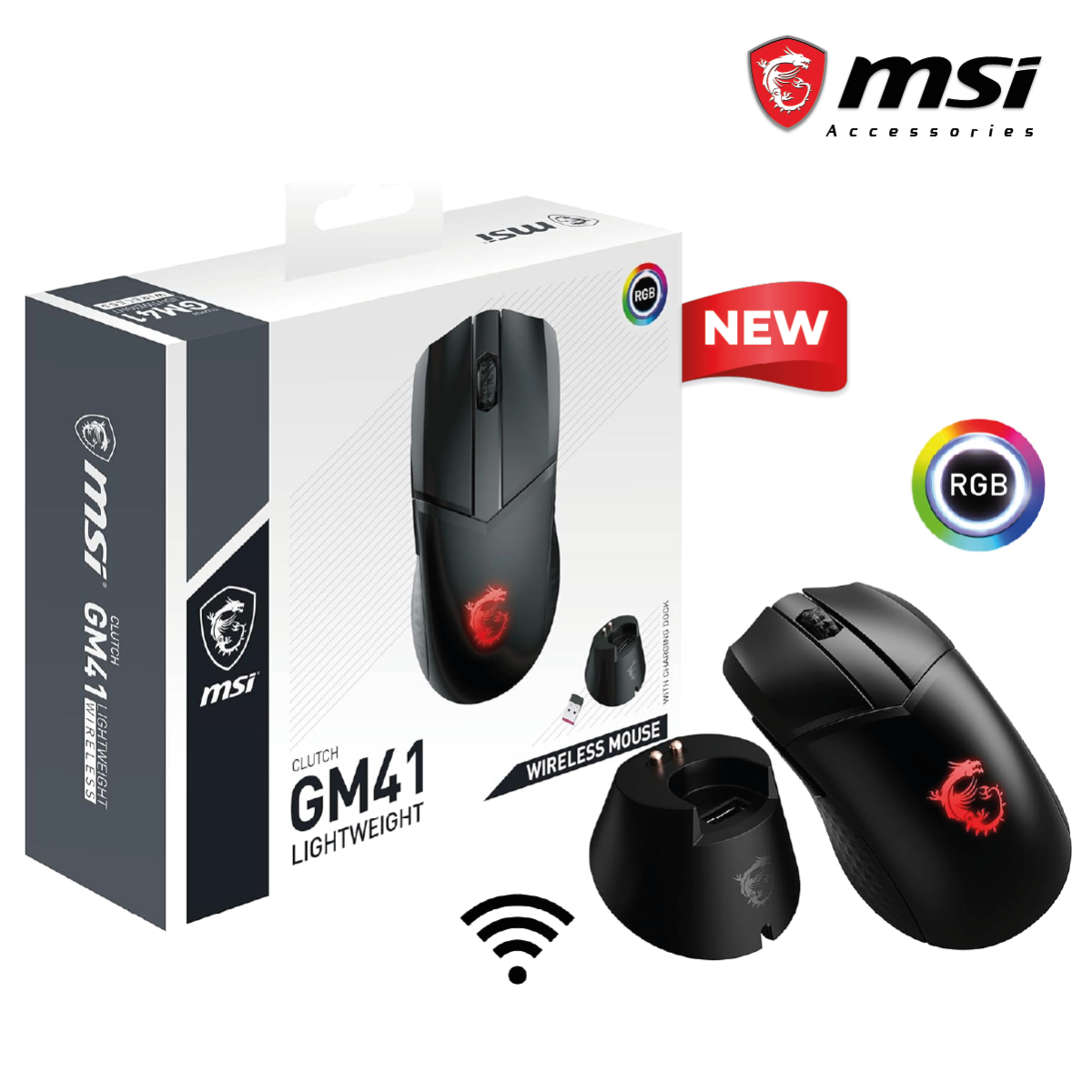 MSI Clutch GM41 Lightweight Wireless Gaming Mouse & Charging Dock