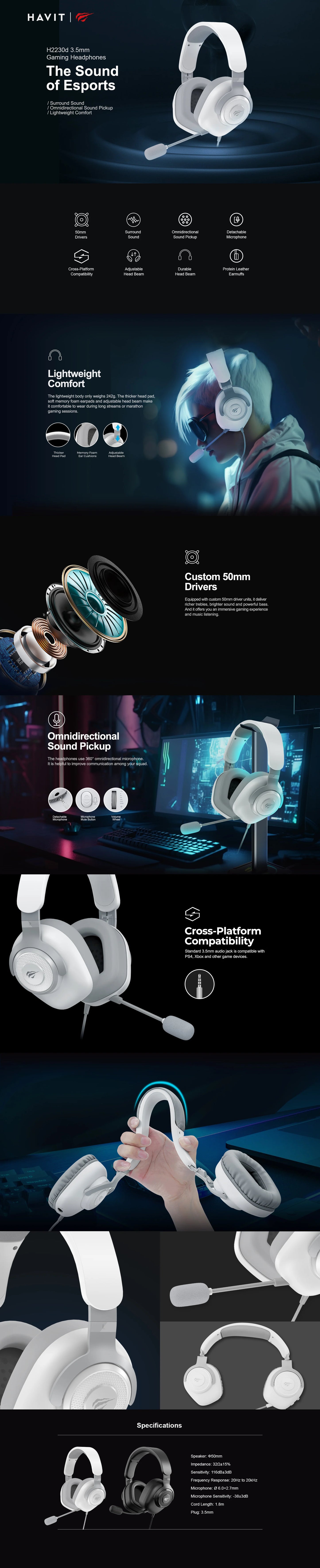 HAVIT Gaming Headphones H2230d 3.5mm Esports, Surround Sound, White & Gray