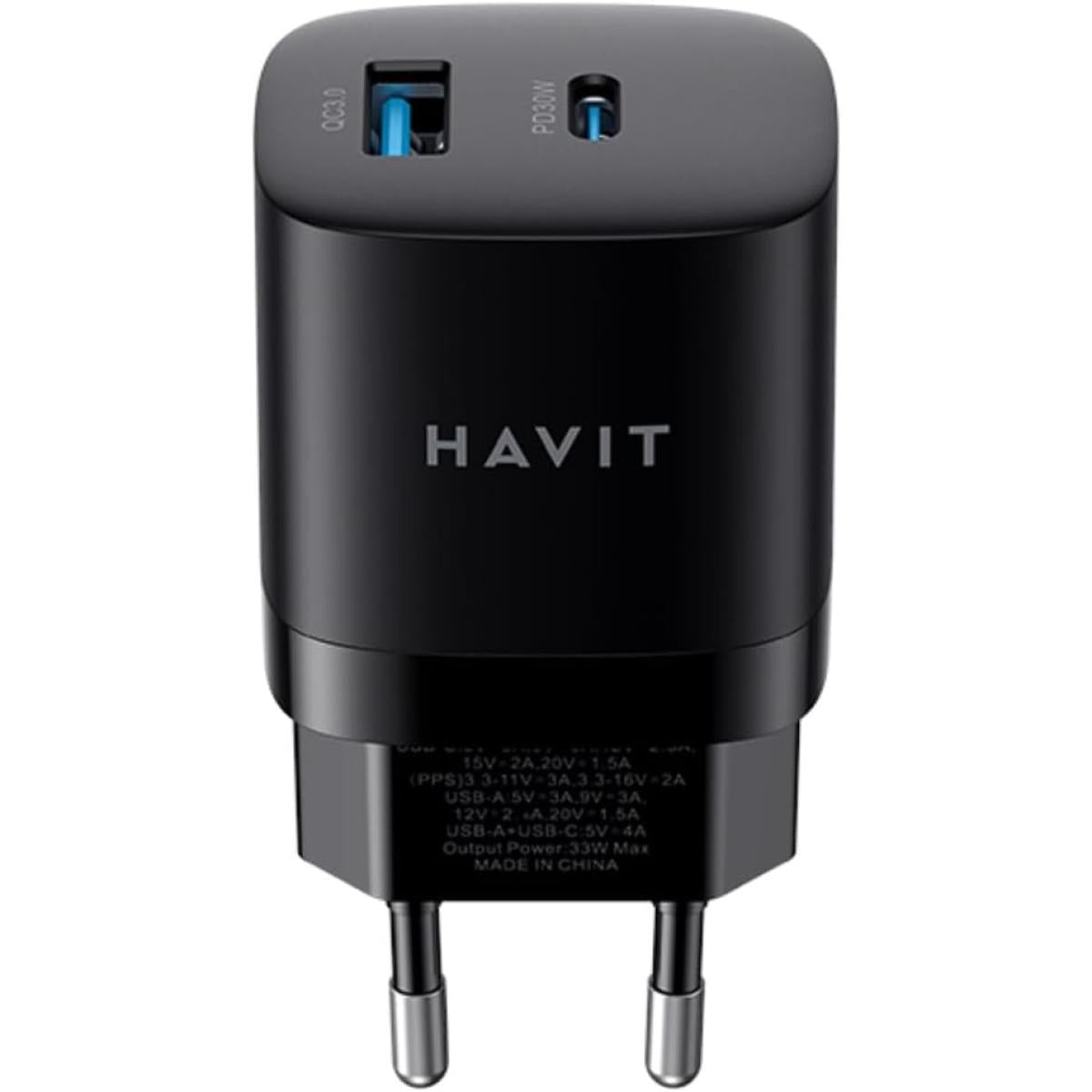 HAVIT UC303 EU 2-Port Travel Charger 30W, Supports Quick Charge (Black)