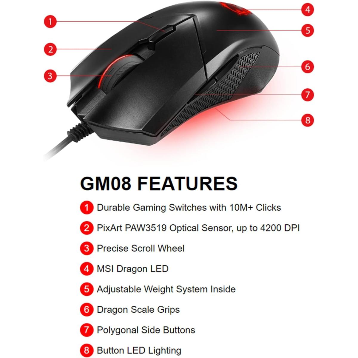 MSI Clutch GM08 Gaming Mouse, 4200 DPI Optical Sensor, 3 Adjustable Weights