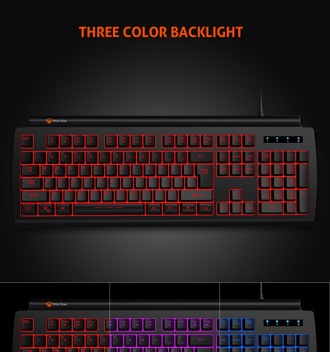 Meetion MT-K9000 Gaming Keyboard, Three Color Backlit, Classic original Design