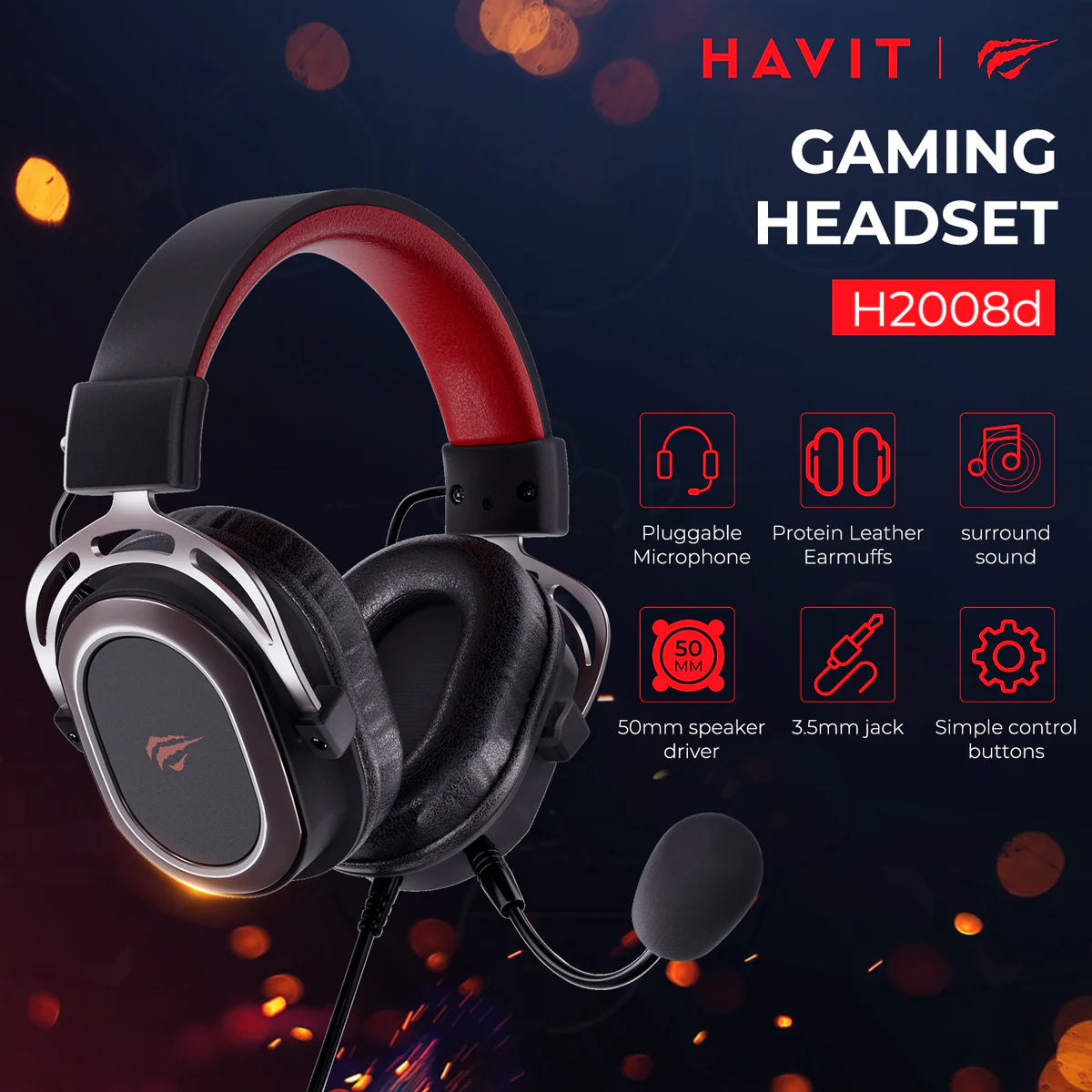 HAVIT H2008D Wired Gaming Headphones Detachable MIC 3.5mm Plug 50mm