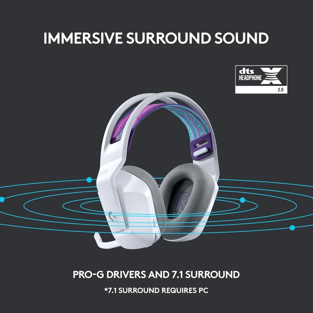 Logitech G733 LIGHTSPEED Wireless RGB Gaming Headset , Ultra-Lightweight -White