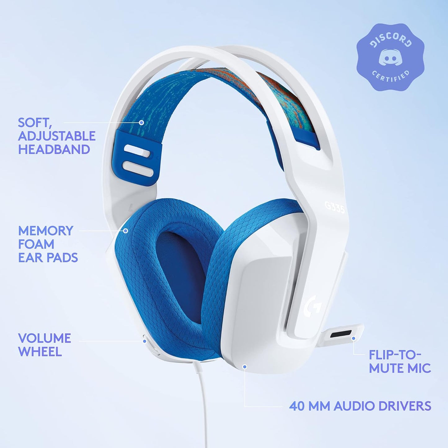 Logitech G335 Wired Gaming Headset, with Flip to Mute Microphone -White