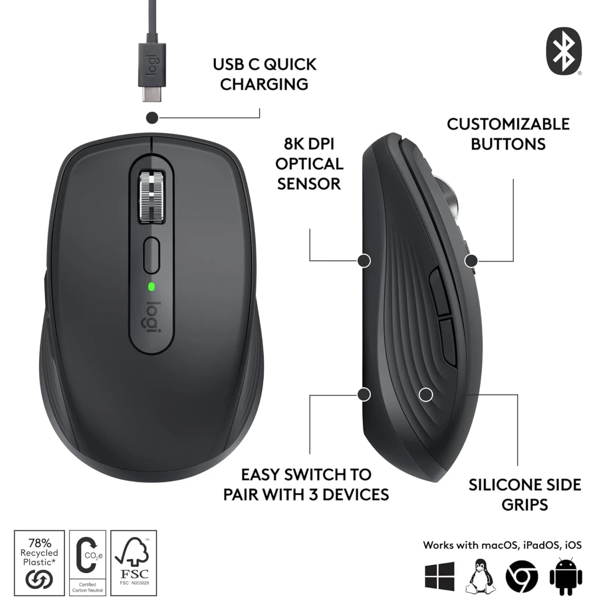 Logitech MX Anywhere 3S Compact Wireless Mouse 200-8000 DPI - Graphite