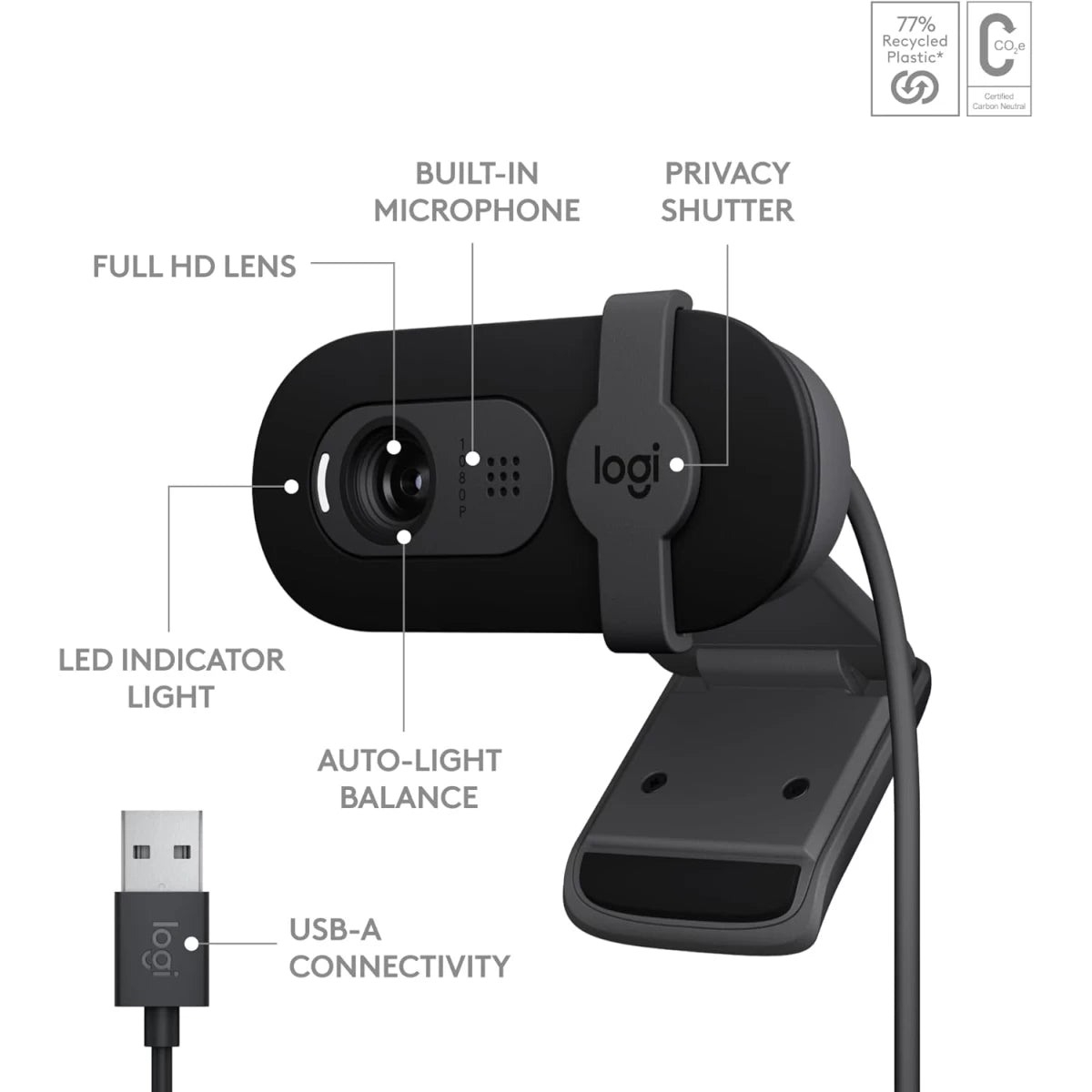 Logitech Brio 100 Full HD 1080p Webcam For Meetings &Works Auto-Black