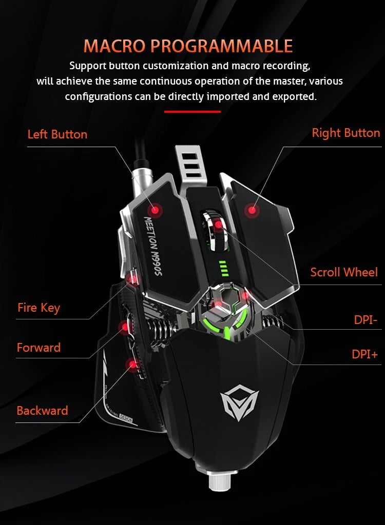 MeeTion MT-M990S USB RGB Programmable Gaming Mouse, Resolution 4000DPI, Keys:9
