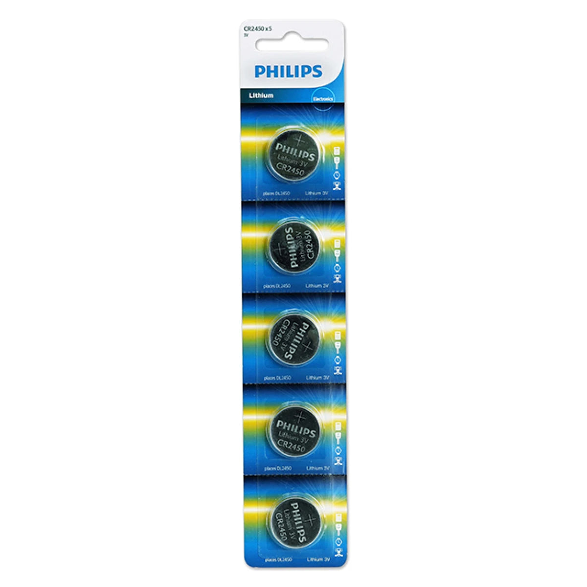 Philips Lithium Cell Button Batteries CR2450 - Pack of 5 Lithium Philips Lithium Cell Button Batteries CR2450 - Pack of 5 Lithium