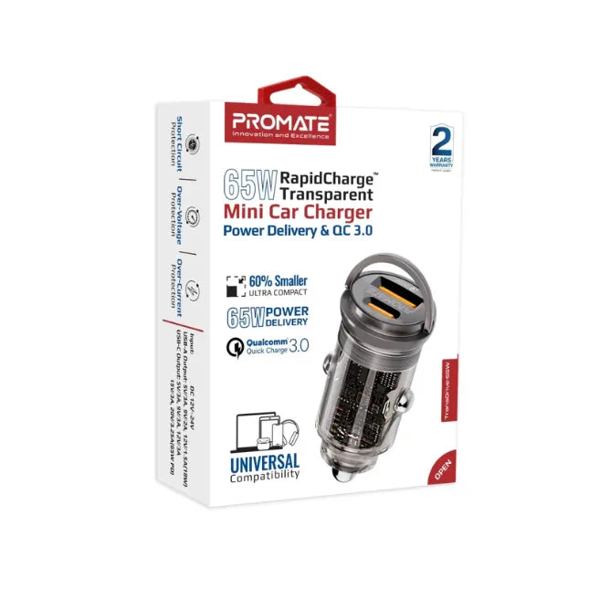 Promate Mini Car Charger 65W RapidCharge Transparent Power Delivery & QC 3.0 Promate Mini Car Charger 65W RapidCharge Transparent Power Delivery & QC 3.0
