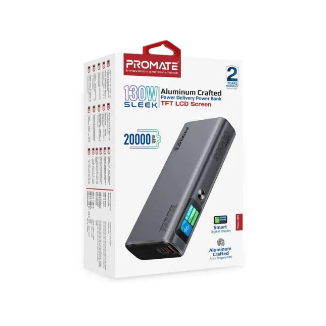 Promate Sleek 130W Multi-Port Power Delivery Power Bank TFT LCD Screen Titan-130 Promate Sleek 130W Multi-Port Power Delivery Power Bank TFT LCD Screen Titan-130