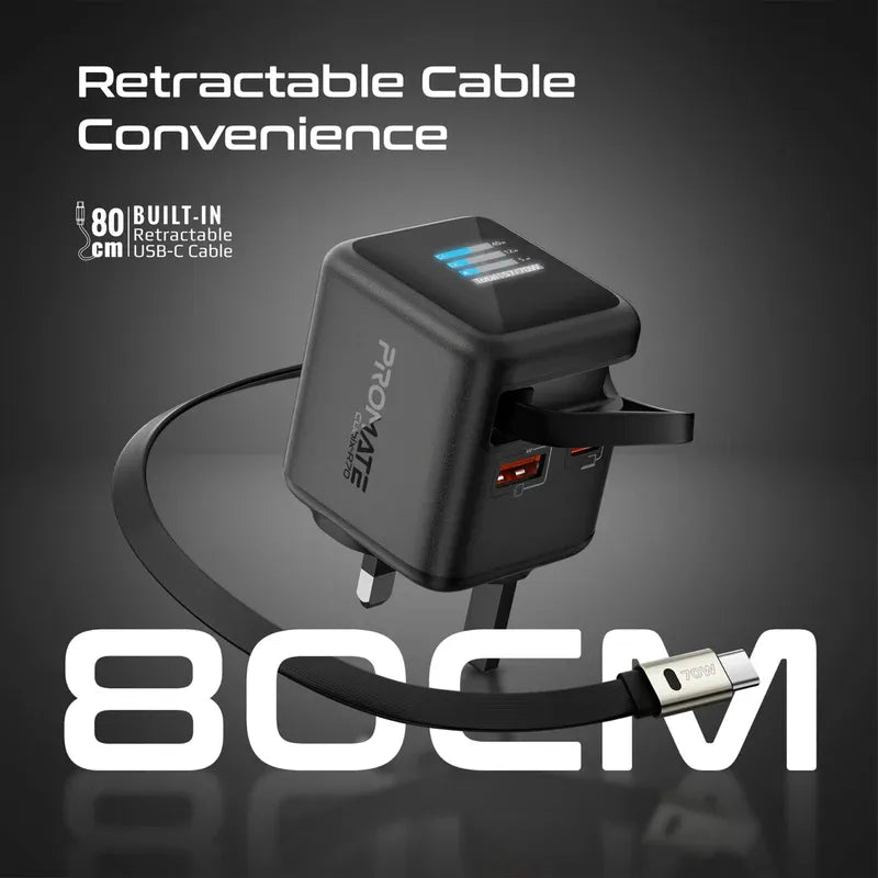Promate Charger USB-C 70W GaNFast™ Wall Charger w/ Retractable USB-C Cable