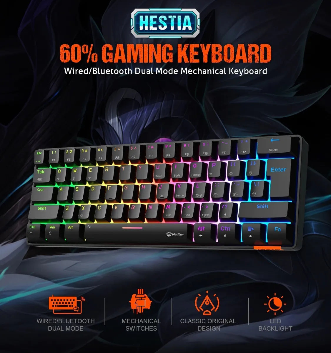 Meetion MT-MK005 Hestia 60% Mechanical Gaming Wired Keyboard, Type-C, RGB