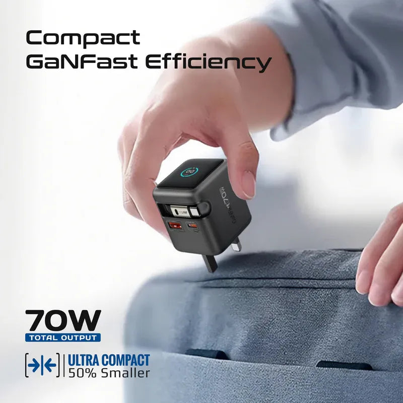 Promate Charger USB-C 70W GaNFast™ Wall Charger w/ Retractable USB-C Cable Promate Charger USB-C 70W GaNFast™ Wall Charger w/ Retractable USB-C Cable