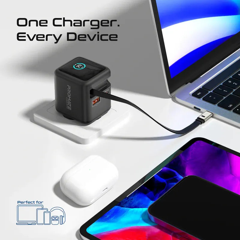 Promate Charger USB-C 70W GaNFast™ Wall Charger w/ Retractable USB-C Cable Promate Charger USB-C 70W GaNFast™ Wall Charger w/ Retractable USB-C Cable