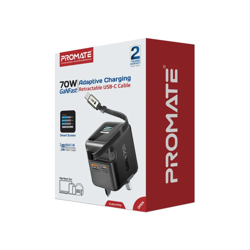 Promate Charger USB-C 70W GaNFast™ Wall Charger w/ Retractable USB-C Cable Promate Charger USB-C 70W GaNFast™ Wall Charger w/ Retractable USB-C Cable