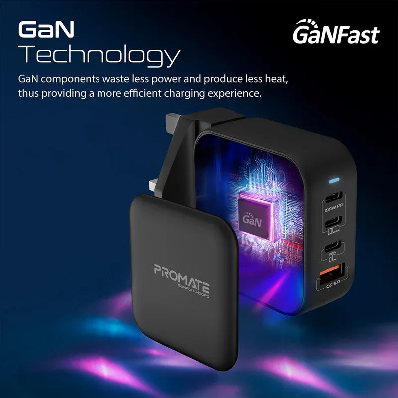 Promate 100W Power Delivery GaNFast™ Charger with Quick Charge 3.0 GaNPort4-100PD Promate 100W Power Delivery GaNFast™ Charger with Quick Charge 3.0 GaNPort4-100PD