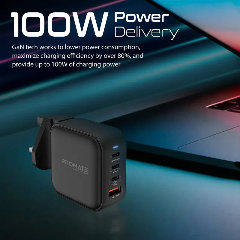 Promate 100W Power Delivery GaNFast™ Charger with Quick Charge 3.0 GaNPort4-100PD Promate 100W Power Delivery GaNFast™ Charger with Quick Charge 3.0 GaNPort4-100PD