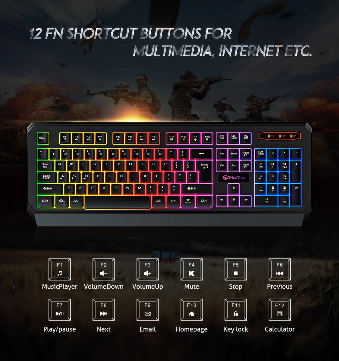 Meetion MT-K9320 Gaming Keyboard, Rainbow Backlit, Waterproof, Classic Design
