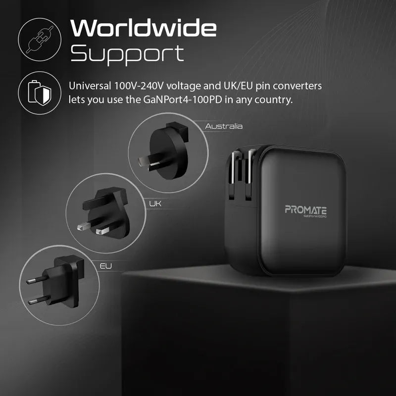 Promate 100W Power Delivery GaNFast™ Charger with Quick Charge 3.0 GaNPort4-100PD Promate 100W Power Delivery GaNFast™ Charger with Quick Charge 3.0 GaNPort4-100PD