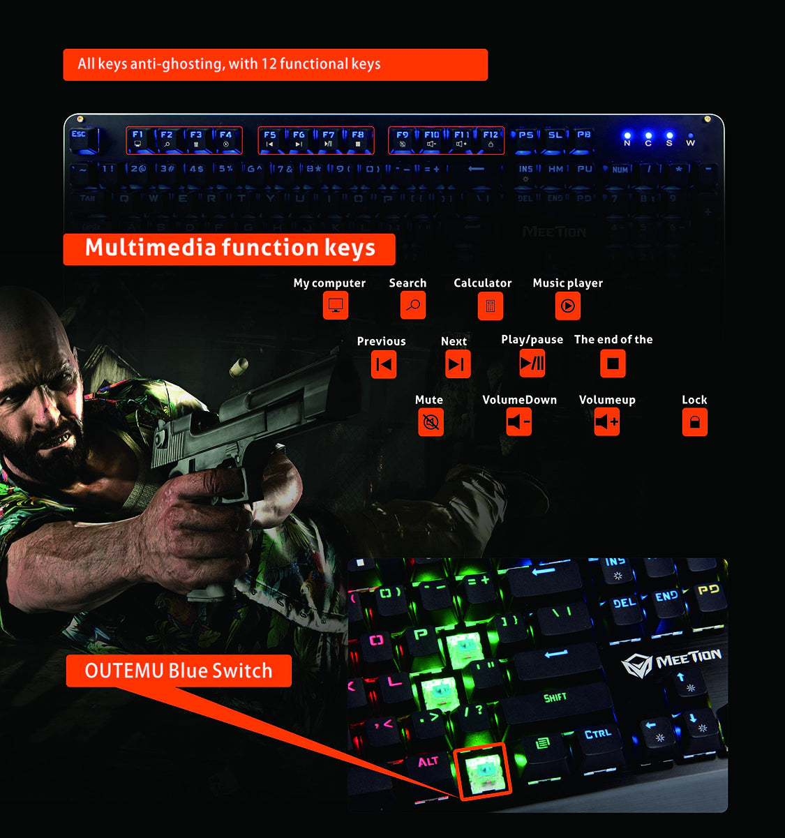 Meetion MT-MK01 Wired Mechanical Gaming Keyboard, RGB Backlight, Blue Switches
