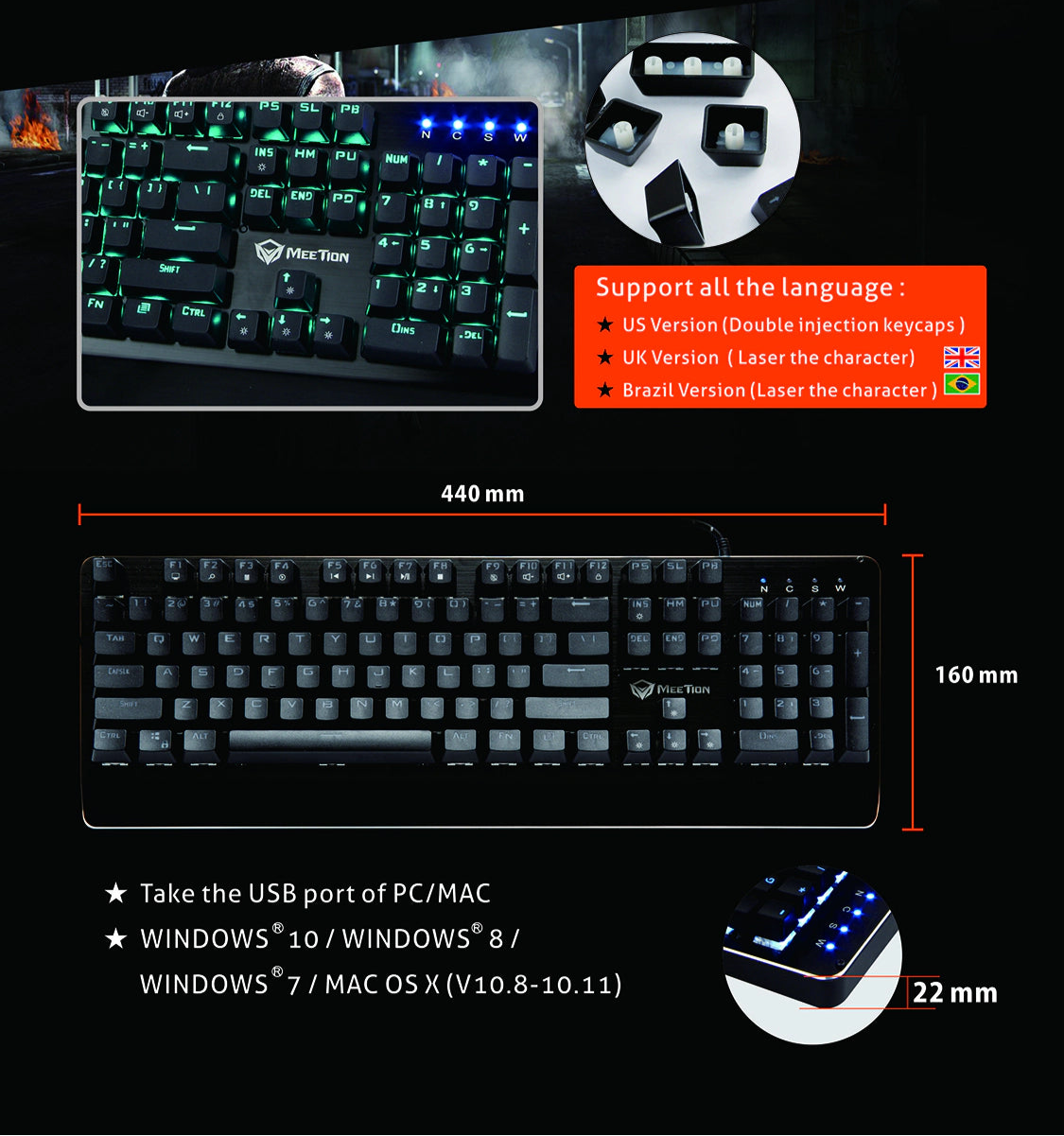 Meetion MT-MK01 Wired Mechanical Gaming Keyboard, RGB Backlight, Blue Switches