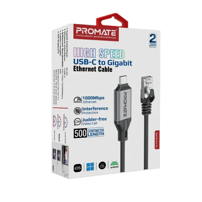 Promate USB-C to Ethernet Cable High-Speed USB-C to Gigabit Ethernet Cable, Clink-RJ45 Promate USB-C to Ethernet Cable High-Speed USB-C to Gigabit Ethernet Cable, Clink-RJ45
