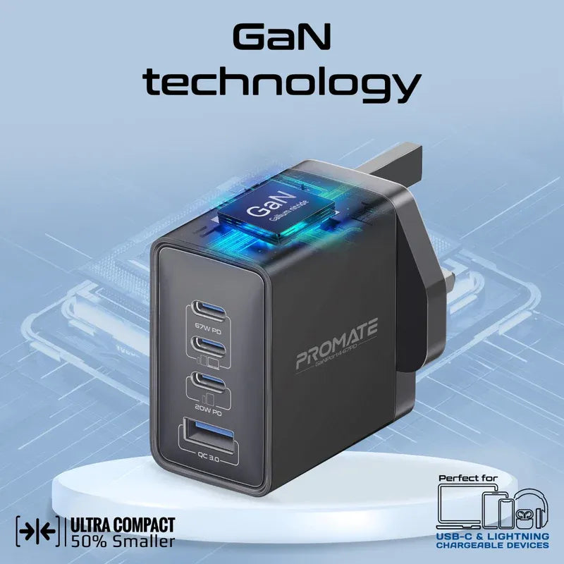 Promate Charger 67W Power Delivery GaNFast™ Quick Charge 3.0 GaNPort4-67PD Promate Charger 67W Power Delivery GaNFast™ Quick Charge 3.0 GaNPort4-67PD