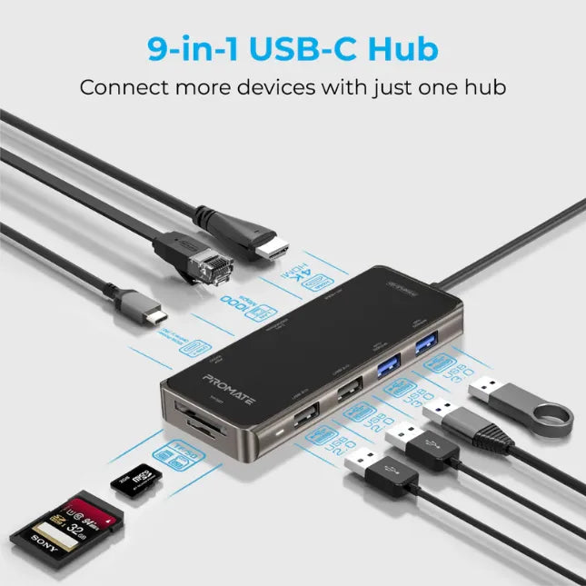 Promate PRIMEHUB-GO, USB-C Hub 9 in 1 with 100W Power Delivery. Promate PRIMEHUB-GO, USB-C Hub 9 in 1 with 100W Power Delivery.