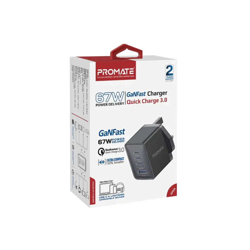 Promate Charger 67W Power Delivery GaNFast™ Quick Charge 3.0 GaNPort4-67PD Promate Charger 67W Power Delivery GaNFast™ Quick Charge 3.0 GaNPort4-67PD
