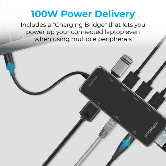 Promate PRIMEHUB-GO, USB-C Hub 9 in 1 with 100W Power Delivery. Promate PRIMEHUB-GO, USB-C Hub 9 in 1 with 100W Power Delivery.