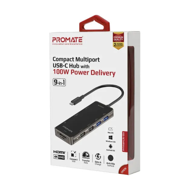 Promate PRIMEHUB-GO, USB-C Hub 9 in 1 with 100W Power Delivery. Promate PRIMEHUB-GO, USB-C Hub 9 in 1 with 100W Power Delivery.