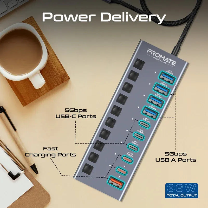 Promate GegaHub-5G, 10-in-1 Multi-Port 5Gbps Data & Charging Hub Promate GegaHub-5G, 10-in-1 Multi-Port 5Gbps Data & Charging Hub