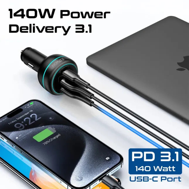 Promate Car Charger Dual Power Delivery its 140W Power Delivery 3.1, laptops, tablets Promate Car Charger Dual Power Delivery its 140W Power Delivery 3.1, laptops, tablets