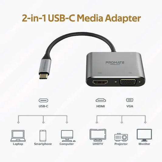 Promate MEDIAHUB-C2, USB-C Display Adapter Hub HDMI 4K & VGA