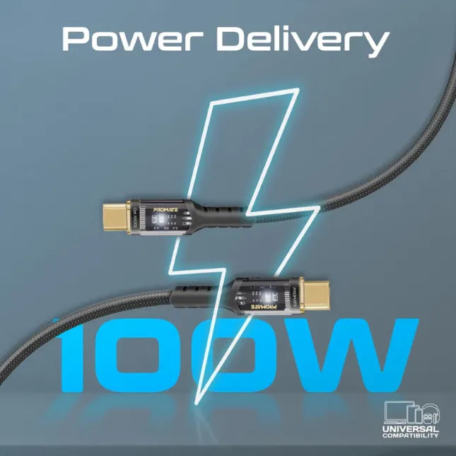 Promate Data Sync &Charge Cable High Tensile 100W PD USB-C LucidLine-CC200