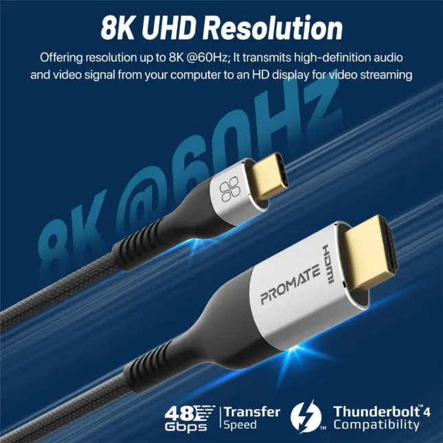 Promate MEDIACORD-8K, USB-C to HDMI Cable Resolution: 8K60HZ Length: 1.8M