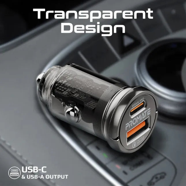 Promate Mini Car Charger 65W RapidCharge Transparent Power Delivery & QC 3.0 Promate Mini Car Charger 65W RapidCharge Transparent Power Delivery & QC 3.0