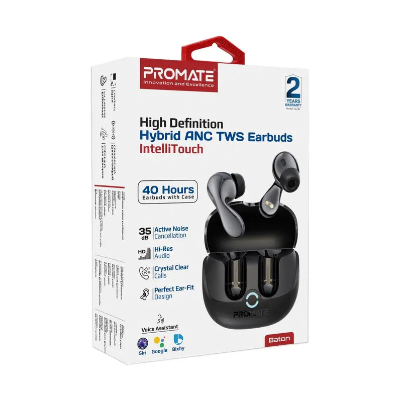 Promate Baton Black TWS Earbuds High-Definition Hybrid ANC TWS Earbuds IntelliTouch