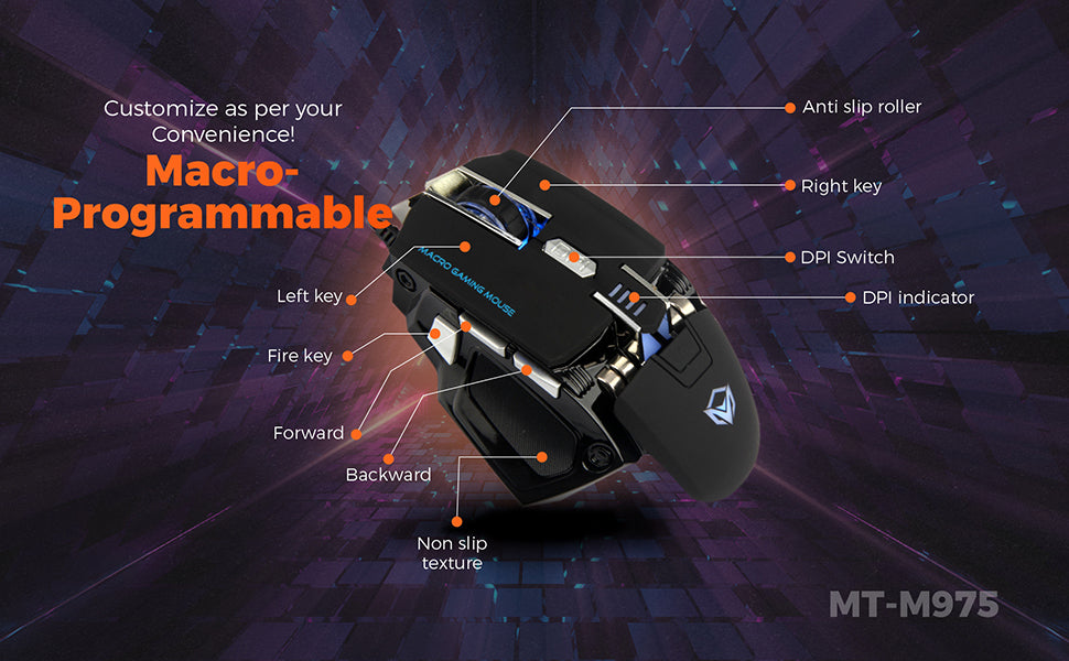 MeeTion MT-M975 USB Corded Gaming Mouse, Resolution 2600DPI, Keys: 6+1