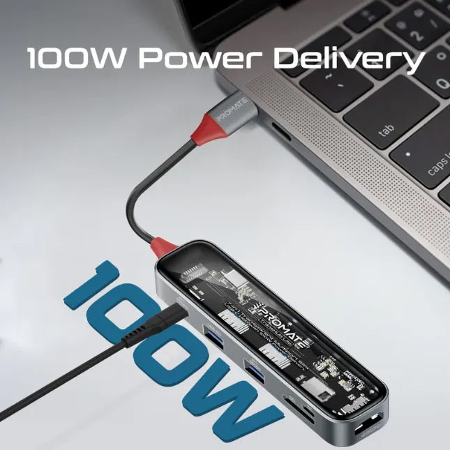Promate TransHub-Lite, USB-C 7-in 1 Multiport USB-C Hub with 100W Power Delivery Promate TransHub-Lite, USB-C 7-in 1 Multiport USB-C Hub with 100W Power Delivery