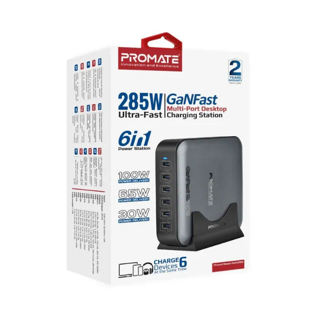 Promate charging solution, engineered with next-gen GaNFast™ technology for compact