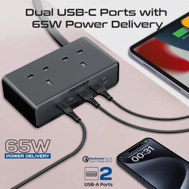 Promate Charging Station 65W GaNFast on 3250W Dual AC Socket PowerBrix2-GaN65 Promate Charging Station 65W GaNFast on 3250W Dual AC Socket PowerBrix2-GaN65