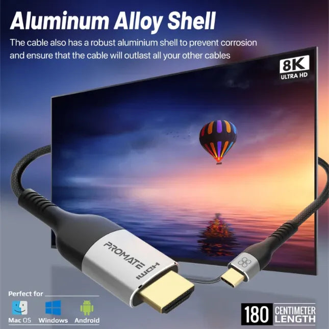 Promate MEDIACORD-8K, USB-C to HDMI Cable Resolution: 8K60HZ Length: 1.8M