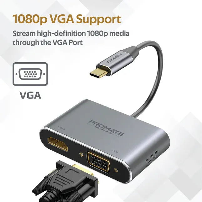 Promate MEDIAHUB-C2, USB-C Display Adapter Hub HDMI 4K & VGA