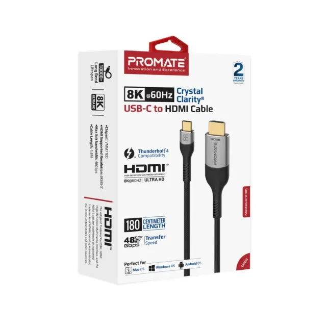 Promate MEDIACORD-8K, USB-C to HDMI Cable Resolution: 8K60HZ Length: 1.8M